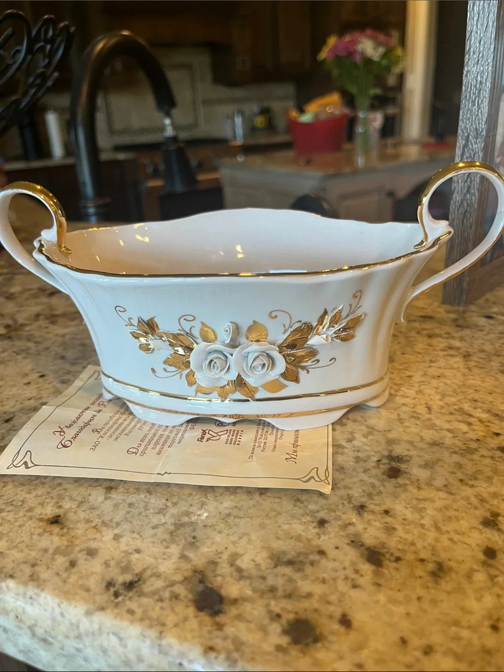 FENIX White and Gold Porcelain Decorative Serving Bowl with Handles
